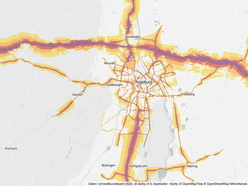 Lärmkarte Augsburg: Straßenlärm tagsüber (Lden) von 55 dB (gelb) bis über 75 dB (violett), Stand 2022