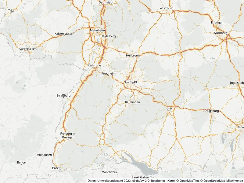 Lärmkarte Baden-Württemberg: Straßenlärm nachts (Lnight) an Hauptverkehrsstraßen und in den Großstädten, Stand 2022