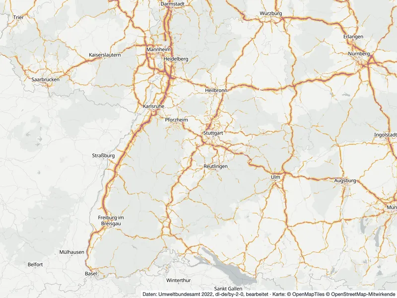 Lärmkarte Baden-Württemberg: Straßenlärm tagsüber (Lden) an Hauptverkehrsstraßen und in den Großstädten, Stand 2022