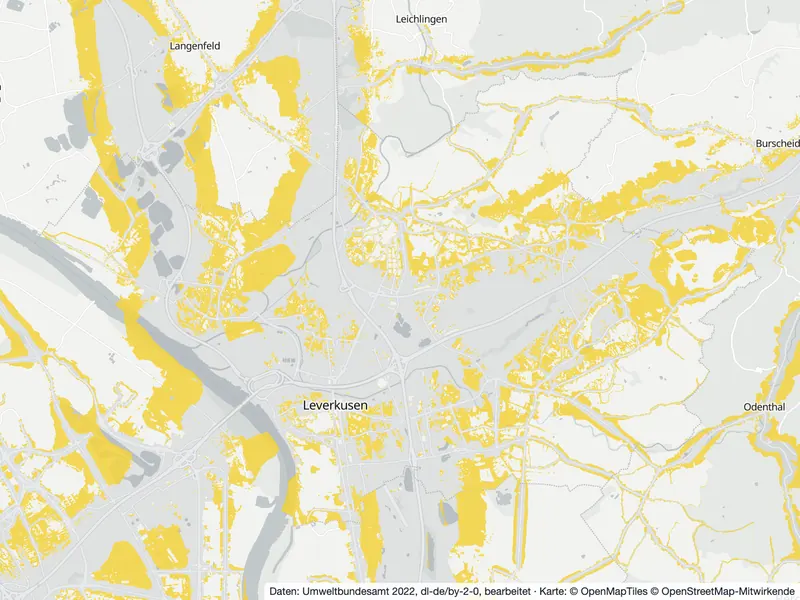 Karte Leverkusen: Straßenlärm von 55 bis 59 dB tagsüber (Lden) hervorgehoben, Stand 2022