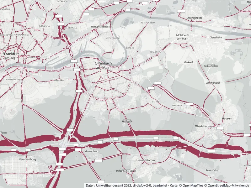 Karte Offenbach: Straßenlärm von 70 bis 74 dB tagsüber (Lden) hervorgehoben, Stand 2022