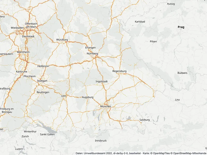 Lärmkarte Bayern: Straßenlärm nachts (Lnight) an Hauptverkehrsstraßen und in den Großstädten, Stand 2022