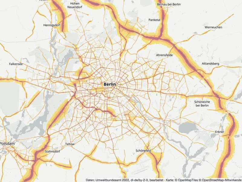 Lärmkarte Berlin: Straßenlärm nachts (Lnight) von 50 dB (gelb) bis über 70 dB (violett), Stand 2022