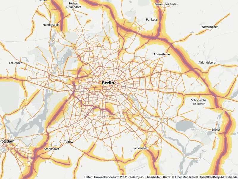 Lärmkarte Berlin: Straßenlärm tagsüber (Lden) von 55 dB (gelb) bis über 75 dB (violett), Stand 2022