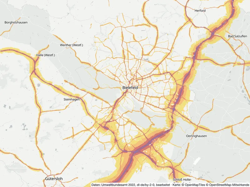 Lärmkarte Bielefeld: Straßenlärm nachts (Lnight) von 50 dB (gelb) bis über 70 dB (violett), Stand 2022
