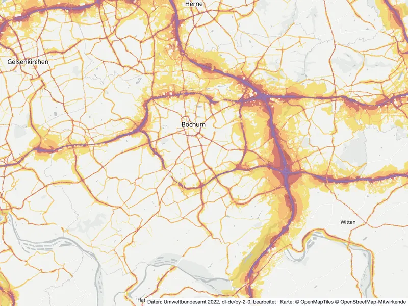 Lärmkarte Bochum: Straßenlärm nachts (Lnight) von 50 dB (gelb) bis über 70 dB (violett), Stand 2022