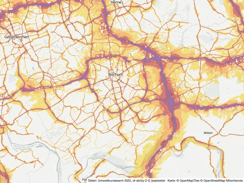 Lärmkarte Bochum: Straßenlärm tagsüber (Lden) von 55 dB (gelb) bis über 75 dB (violett), Stand 2022
