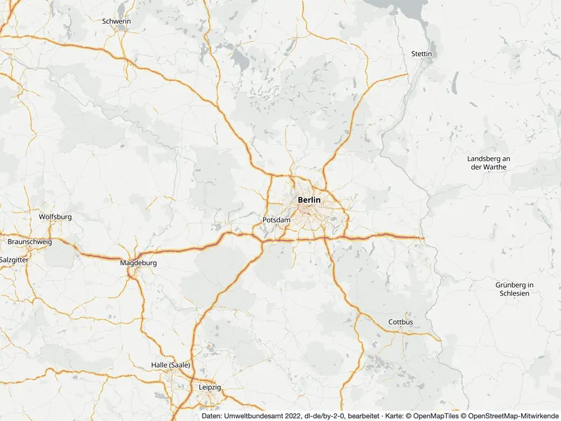 Lärmkarte Brandenburg: Straßenlärm nachts (Lnight) an Hauptverkehrsstraßen und in den Großstädten, Stand 2022