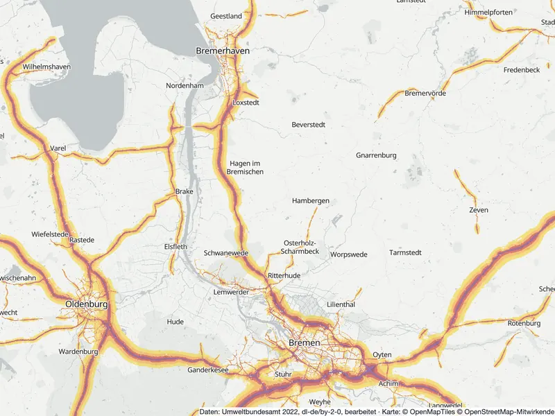 Lärmkarte Bremen: Straßenlärm tagsüber (Lden) von 55 dB (gelb) bis über 75 dB (violett), Stand 2022