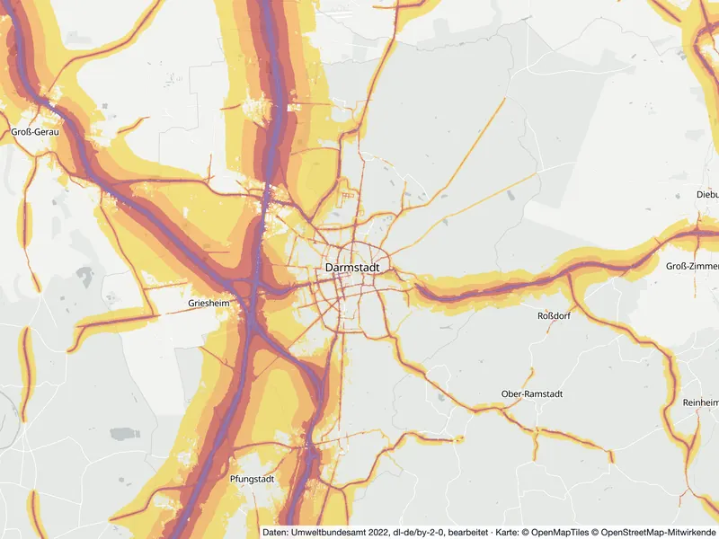 Lärmkarte Darmstadt: Straßenlärm nachts (Lnight) von 50 dB (gelb) bis über 70 dB (violett), Stand 2022