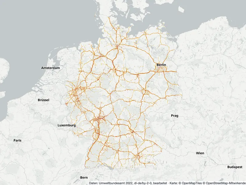 Lärmkarte Deutschland: Straßenlärm tagsüber (Lden) an Hauptverkehrsstraßen und in den Großstädten, Stand 2022
