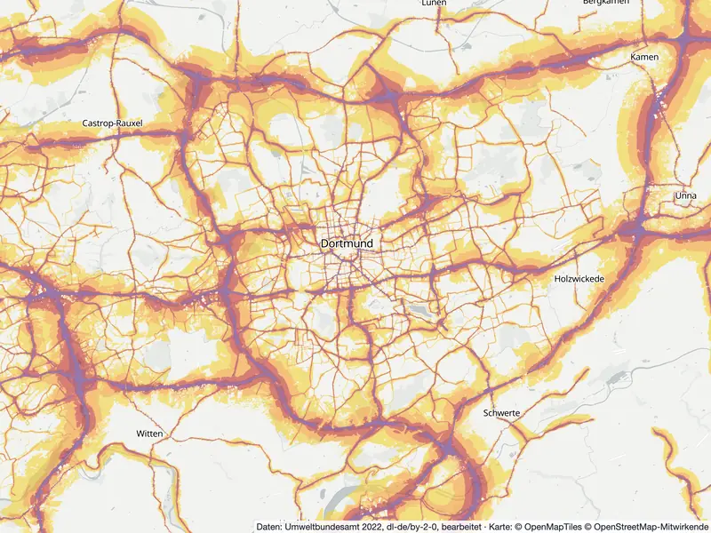 Lärmkarte Dortmund: Straßenlärm tagsüber (Lden) von 55 dB (gelb) bis über 75 dB (violett), Stand 2022