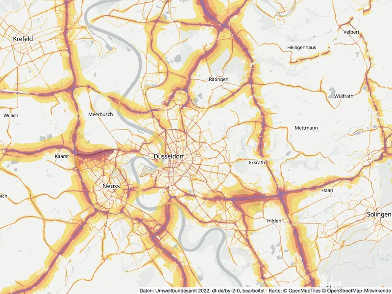 Lärmkarte Düsseldorf: Straßenlärm nachts (Lnight) von 50 dB (gelb) bis über 70 dB (violett), Stand 2022
