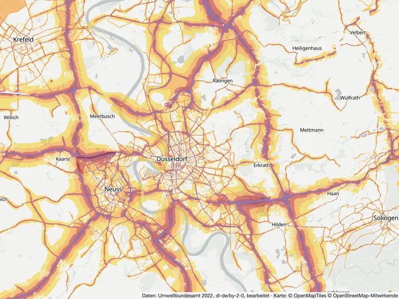 Lärmkarte Düsseldorf: Straßenlärm tagsüber (Lden) von 55 dB (gelb) bis über 75 dB (violett), Stand 2022