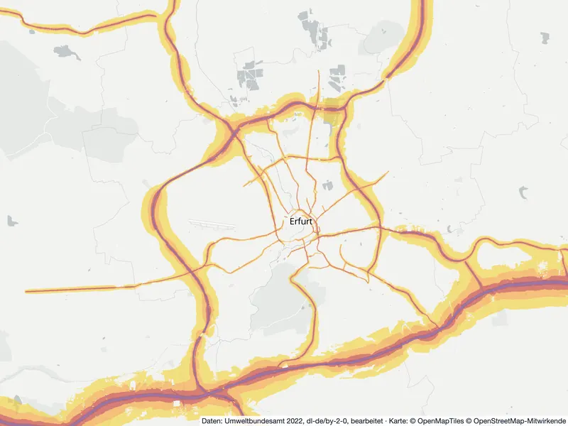 Lärmkarte Erfurt: Straßenlärm nachts (Lnight) von 50 dB (gelb) bis über 70 dB (violett), Stand 2022