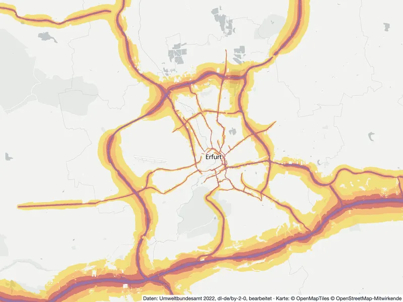 Lärmkarte Erfurt: Straßenlärm tagsüber (Lden) von 55 dB (gelb) bis über 75 dB (violett), Stand 2022