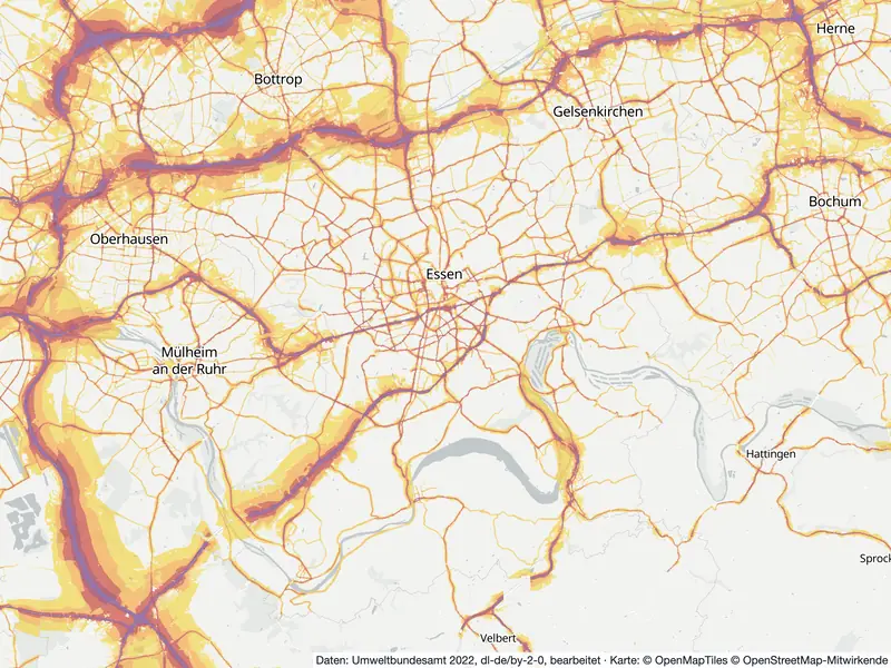 Lärmkarte Essen: Straßenlärm nachts (Lnight) von 50 dB (gelb) bis über 70 dB (violett), Stand 2022