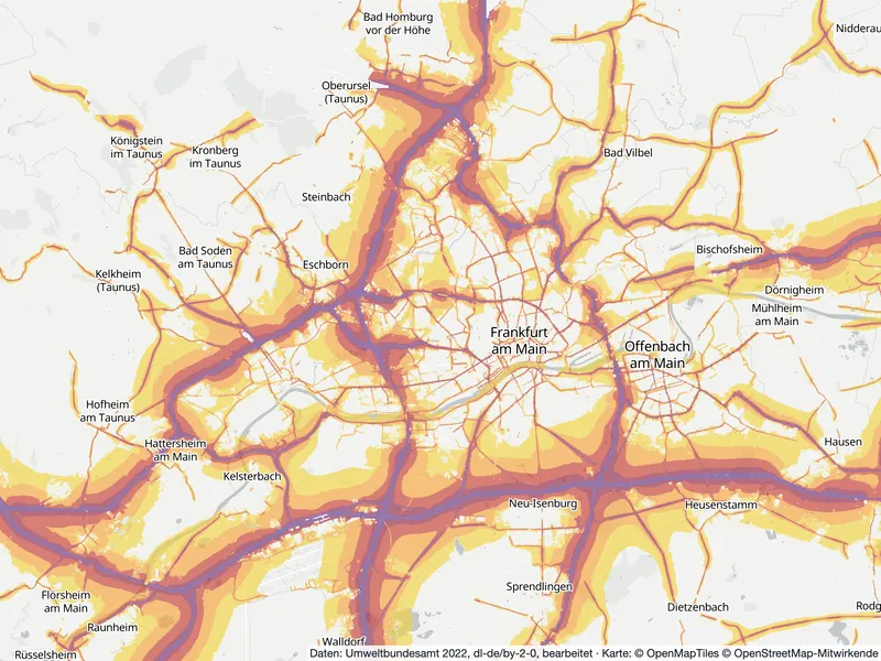 Lärmkarte Frankfurt: Straßenlärm nachts (Lnight) von 50 dB (gelb) bis über 70 dB (violett), Stand 2022
