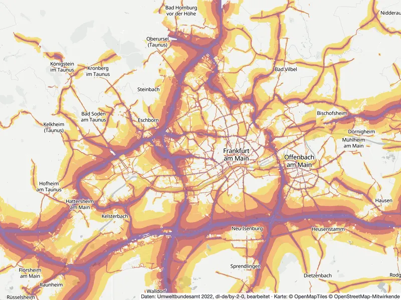 Lärmkarte Frankfurt: Straßenlärm tagsüber (Lden) von 55 dB (gelb) bis über 75 dB (violett), Stand 2022
