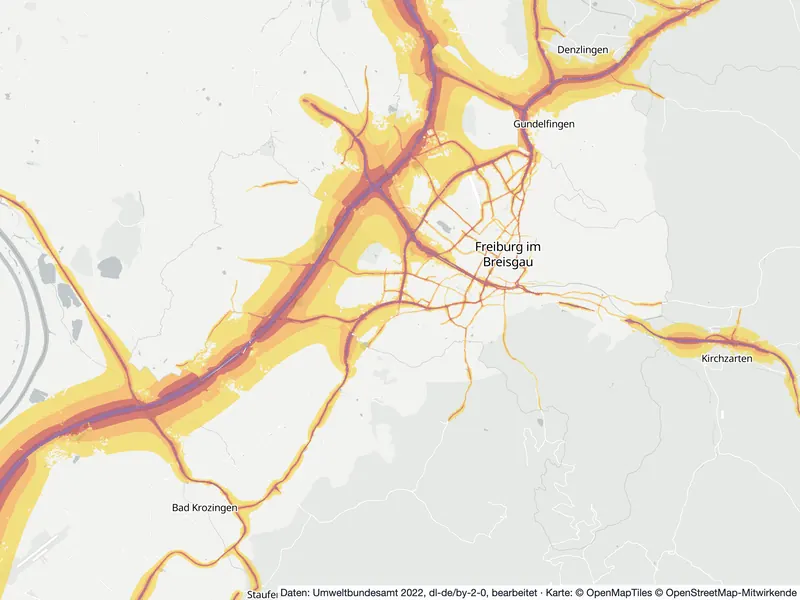 Lärmkarte Freiburg: Straßenlärm nachts (Lnight) von 50 dB (gelb) bis über 70 dB (violett), Stand 2022