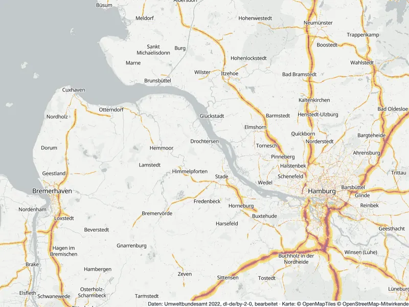 Lärmkarte Hamburg: Straßenlärm nachts (Lnight) von 50 dB (gelb) bis über 70 dB (violett), Stand 2022