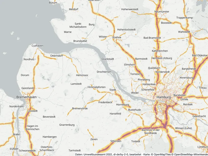 Lärmkarte Hamburg: Straßenlärm tagsüber (Lden) von 55 dB (gelb) bis über 75 dB (violett), Stand 2022