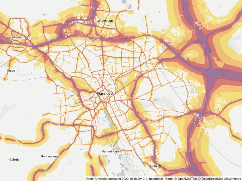 Lärmkarte Hannover: Straßenlärm tagsüber (Lden) von 55 dB (gelb) bis über 75 dB (violett), Stand 2022