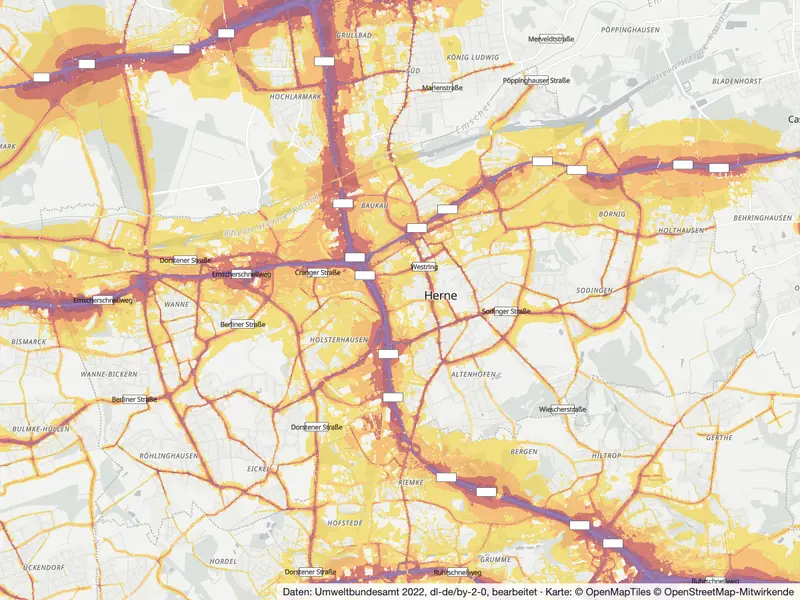 Lärmkarte Herne: Straßenlärm nachts (Lnight) von 50 dB (gelb) bis über 70 dB (violett), Stand 2022