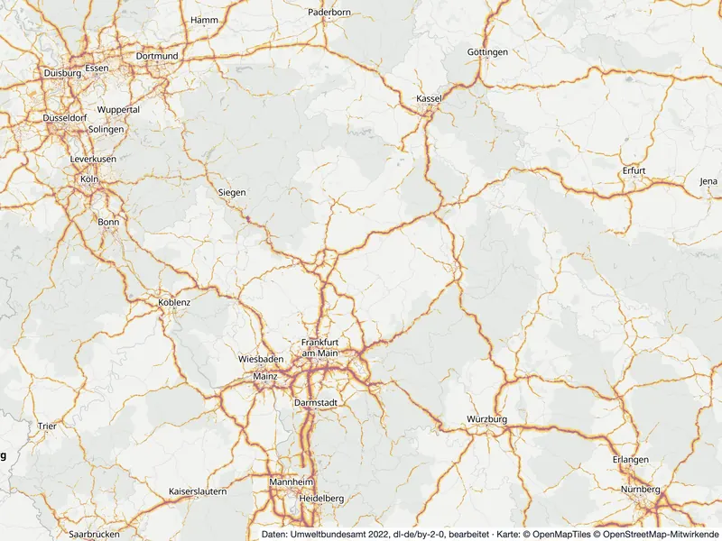 Lärmkarte Hessen: Straßenlärm tagsüber (Lden) an Hauptverkehrsstraßen und in den Großstädten, Stand 2022
