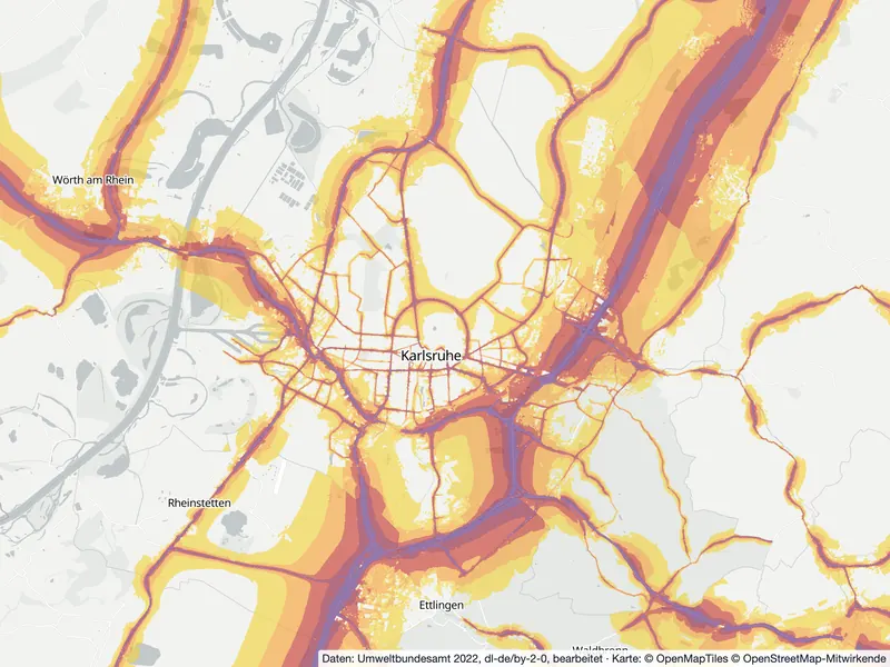 Lärmkarte Karlsruhe: Straßenlärm tagsüber (Lden) von 55 dB (gelb) bis über 75 dB (violett), Stand 2022