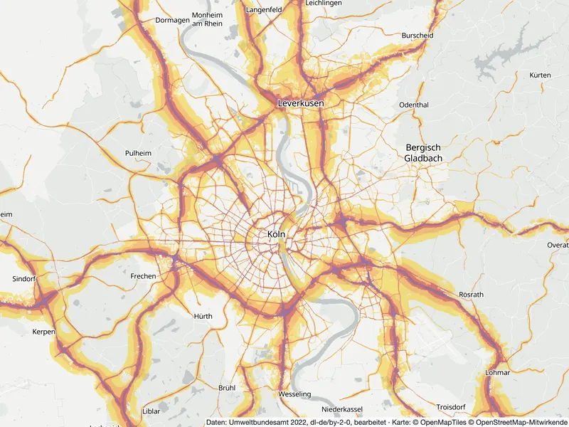 Lärmkarte Köln: Straßenlärm nachts (Lnight) von 50 dB (gelb) bis über 70 dB (violett), Stand 2022