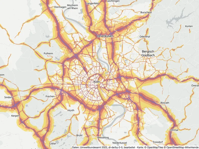 Lärmkarte Köln: Straßenlärm tagsüber (Lden) von 55 dB (gelb) bis über 75 dB (violett), Stand 2022