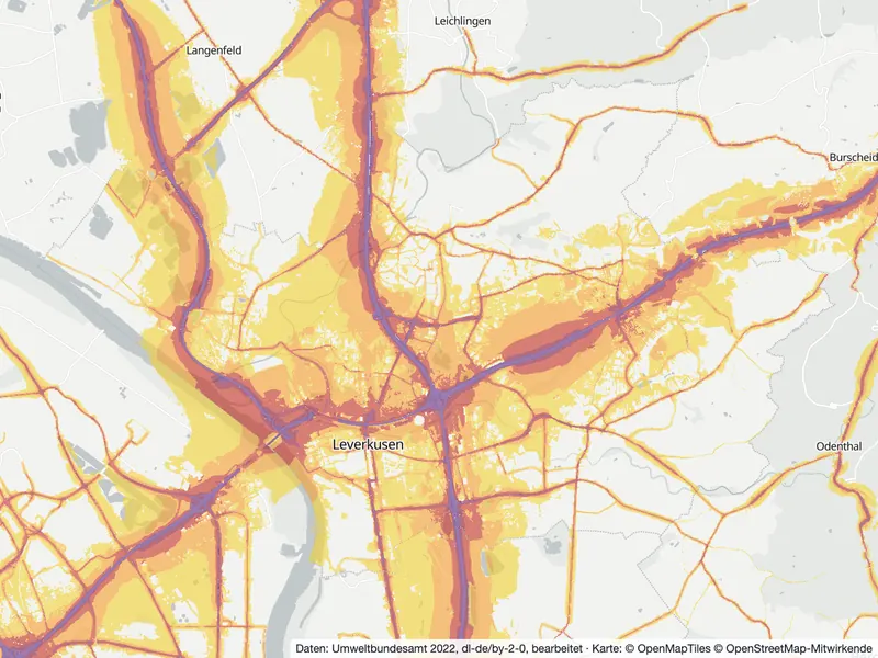 Lärmkarte Leverkusen: Straßenlärm nachts (Lnight) von 50 dB (gelb) bis über 70 dB (violett), Stand 2022