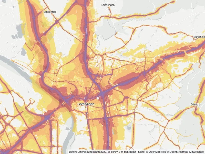 Lärmkarte Leverkusen: Straßenlärm tagsüber (Lden) von 55 dB (gelb) bis über 75 dB (violett), Stand 2022