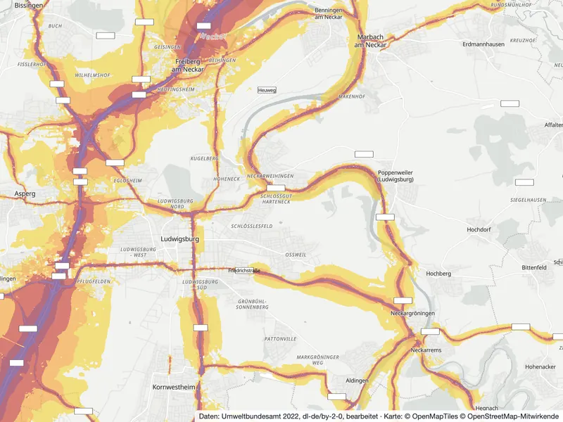 Lärmkarte Ludwigsburg: Straßenlärm nachts (Lnight) von 50 dB (gelb) bis über 70 dB (violett), Stand 2022