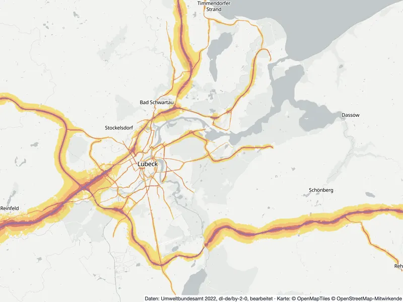 Lärmkarte Lübeck: Straßenlärm nachts (Lnight) von 50 dB (gelb) bis über 70 dB (violett), Stand 2022