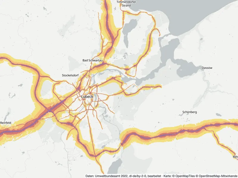 Lärmkarte Lübeck: Straßenlärm tagsüber (Lden) von 55 dB (gelb) bis über 75 dB (violett), Stand 2022