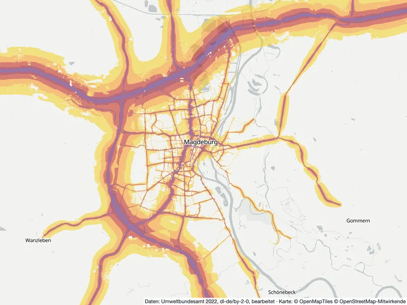 Lärmkarte Magdeburg: Straßenlärm tagsüber (Lden) von 55 dB (gelb) bis über 75 dB (violett), Stand 2022