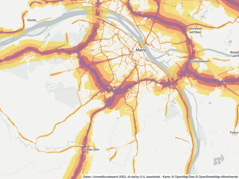 Lärmkarte Mainz: Straßenlärm nachts (Lnight) von 50 dB (gelb) bis über 70 dB (violett), Stand 2022