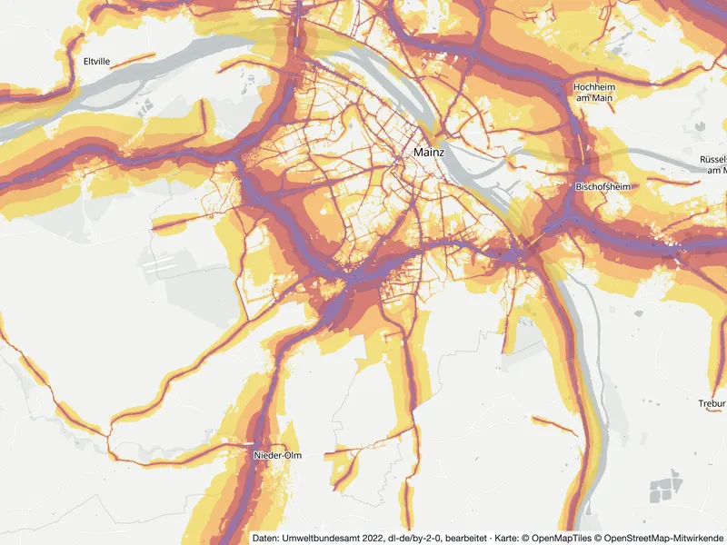 Lärmkarte Mainz: Straßenlärm tagsüber (Lden) von 55 dB (gelb) bis über 75 dB (violett), Stand 2022