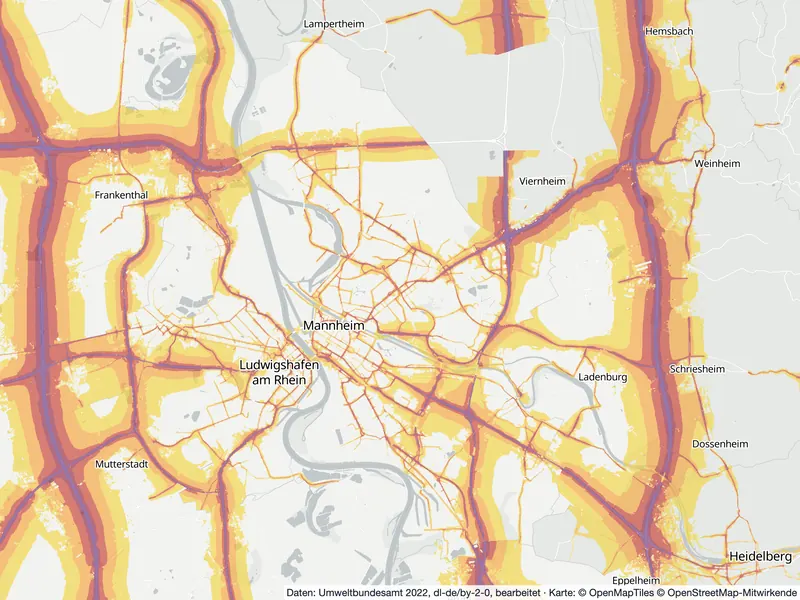 Lärmkarte Mannheim: Straßenlärm nachts (Lnight) von 50 dB (gelb) bis über 70 dB (violett), Stand 2022