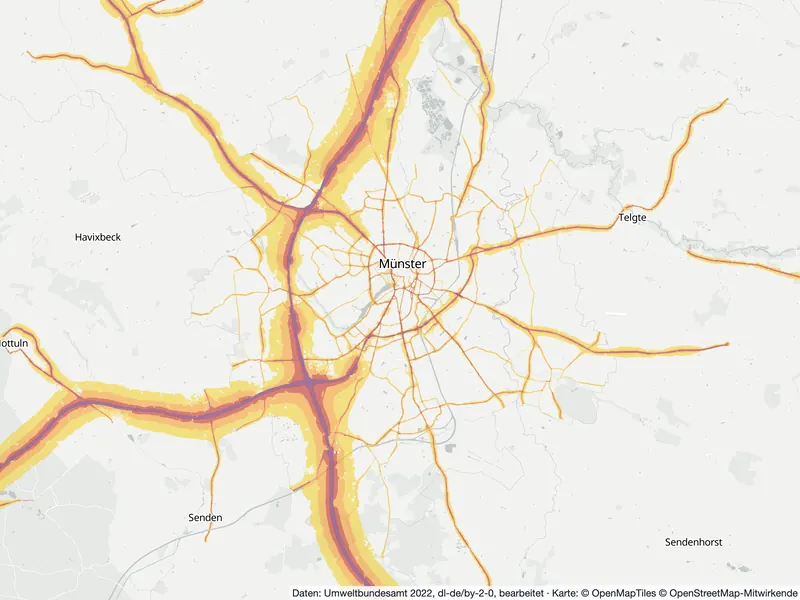 Lärmkarte Münster: Straßenlärm nachts (Lnight) von 50 dB (gelb) bis über 70 dB (violett), Stand 2022