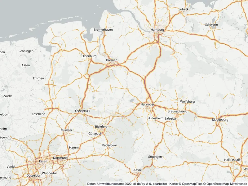 Lärmkarte Niedersachsen: Straßenlärm tagsüber (Lden) an Hauptverkehrsstraßen und in den Großstädten, Stand 2022