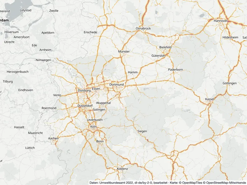 Lärmkarte Nordrhein-Westfalen: Straßenlärm nachts (Lnight) an Hauptverkehrsstraßen und in den Großstädten, Stand 2022
