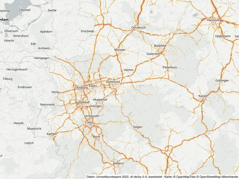 Lärmkarte Nordrhein-Westfalen: Straßenlärm tagsüber (Lden) an Hauptverkehrsstraßen und in den Großstädten, Stand 2022