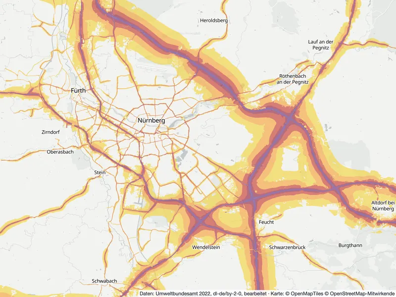 Lärmkarte Nürnberg: Straßenlärm nachts (Lnight) von 50 dB (gelb) bis über 70 dB (violett), Stand 2022