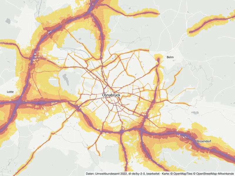 Lärmkarte Osnabrück: Straßenlärm tagsüber (Lden) von 55 dB (gelb) bis über 75 dB (violett), Stand 2022