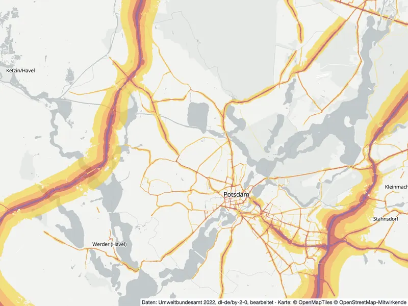 Lärmkarte Potsdam: Straßenlärm nachts (Lnight) von 50 dB (gelb) bis über 70 dB (violett), Stand 2022