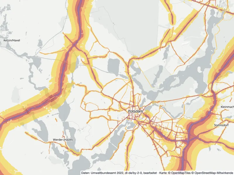 Lärmkarte Potsdam: Straßenlärm tagsüber (Lden) von 55 dB (gelb) bis über 75 dB (violett), Stand 2022