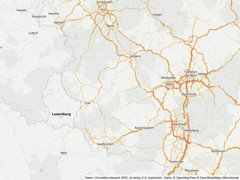 Lärmkarte Rheinland-Pfalz: Straßenlärm nachts (Lnight) an Hauptverkehrsstraßen und in den Großstädten, Stand 2022